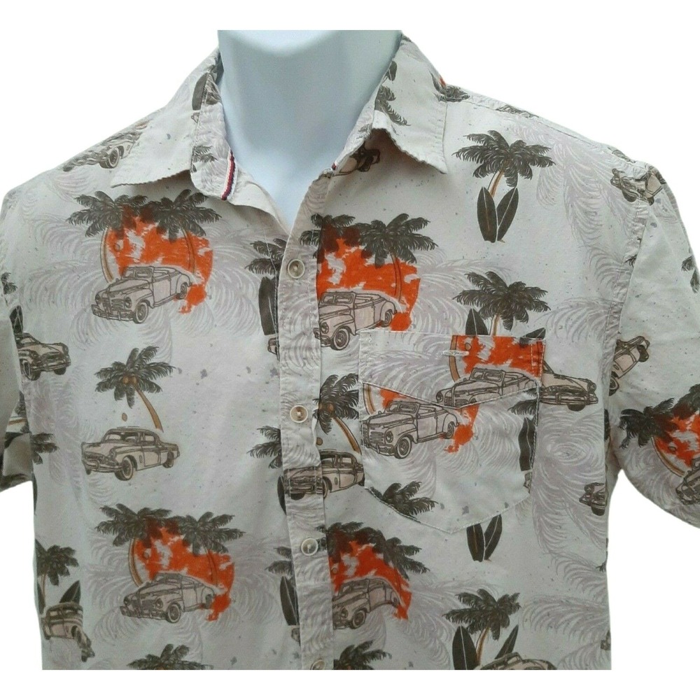 Free Planet mens Tropical Hawaiian Shirt Size L palm trees surfboards old cars